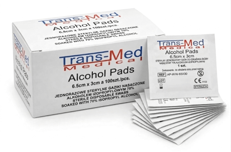 Przejdź do produktu Gaziki odkażające nasączone alkoholem 6,5 cm  × 3 cm, 100 szt. TRANS-MED jednorazowe sterylne