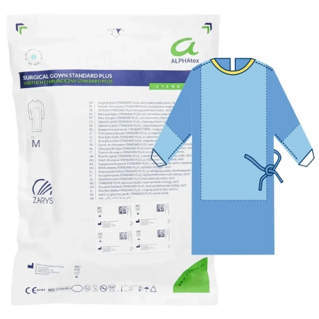 Przejdź do produktu Fartuch chirurgiczny sterylny wzmocniony ALPHAtex ZARYS – jednorazowy, wiązany, rękawy z mankietem, rozmiary S–XXL