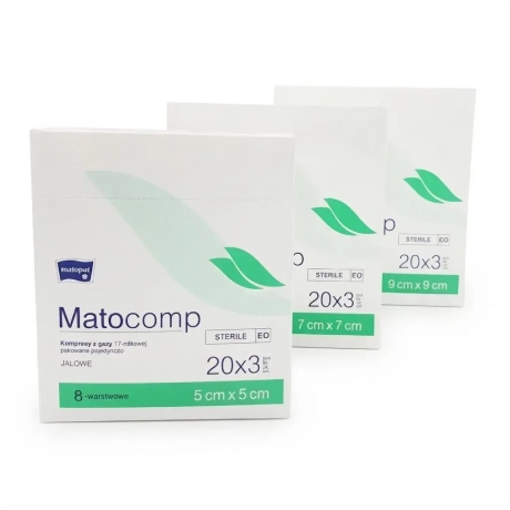 Przejdź do produktu Kompresy gazowe jałowe 17-nitkowe Matocomp TZMO 8W – 3 szt. (blister), różne rozmiary